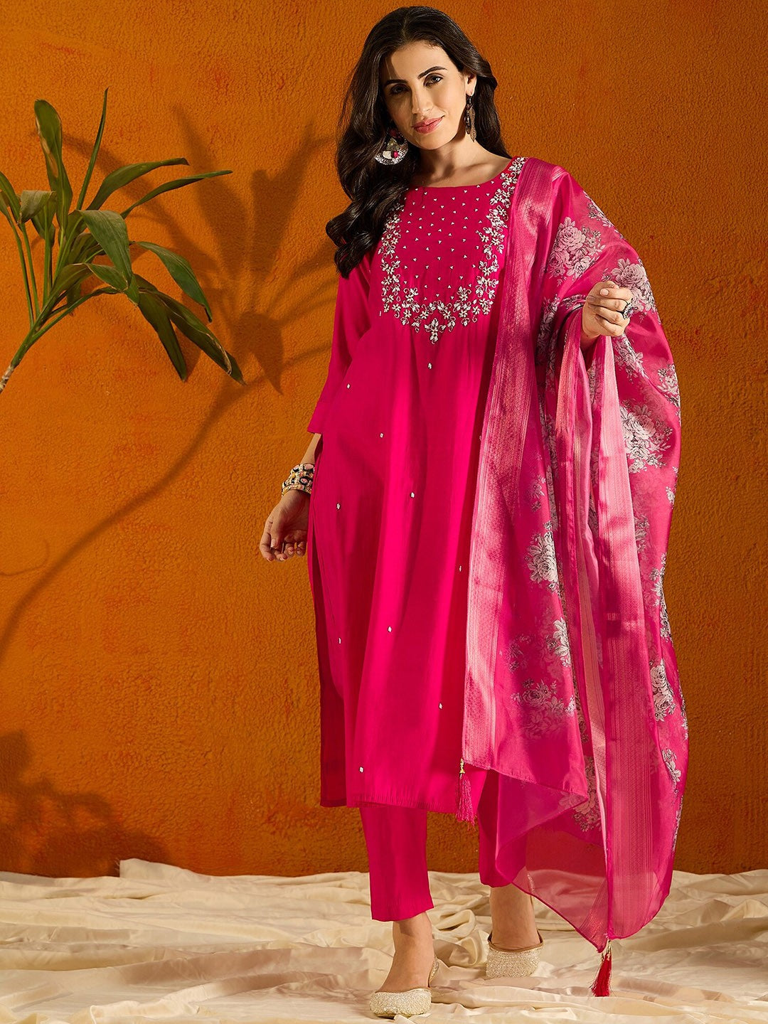 Teeya Creation Pink Color Viscose Chanderi Embroidery Work Fully Stitched Kurti Set | Grocsy