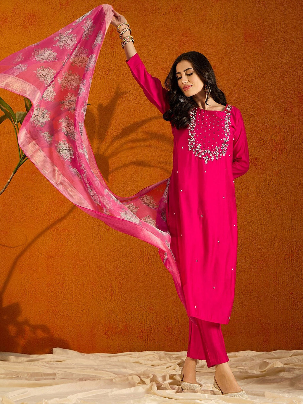 Teeya Creation Pink Color Viscose Chanderi Embroidery Work Fully Stitched Kurti Set | Grocsy