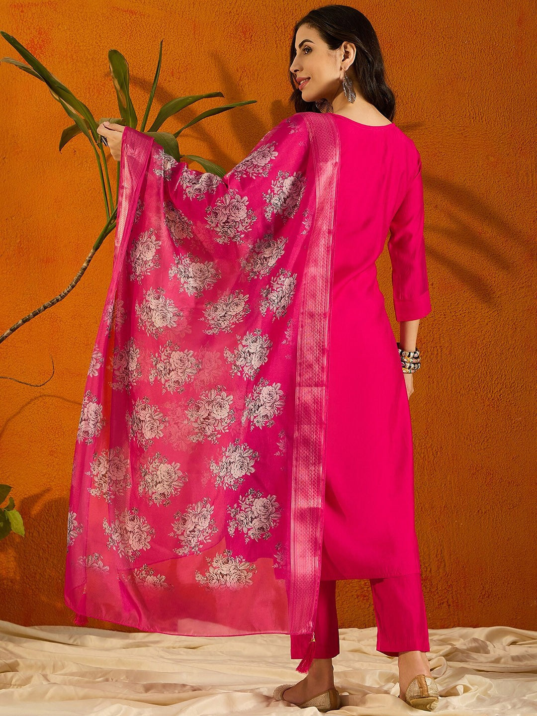Teeya Creation Pink Color Viscose Chanderi Embroidery Work Fully Stitched Kurti Set | Grocsy
