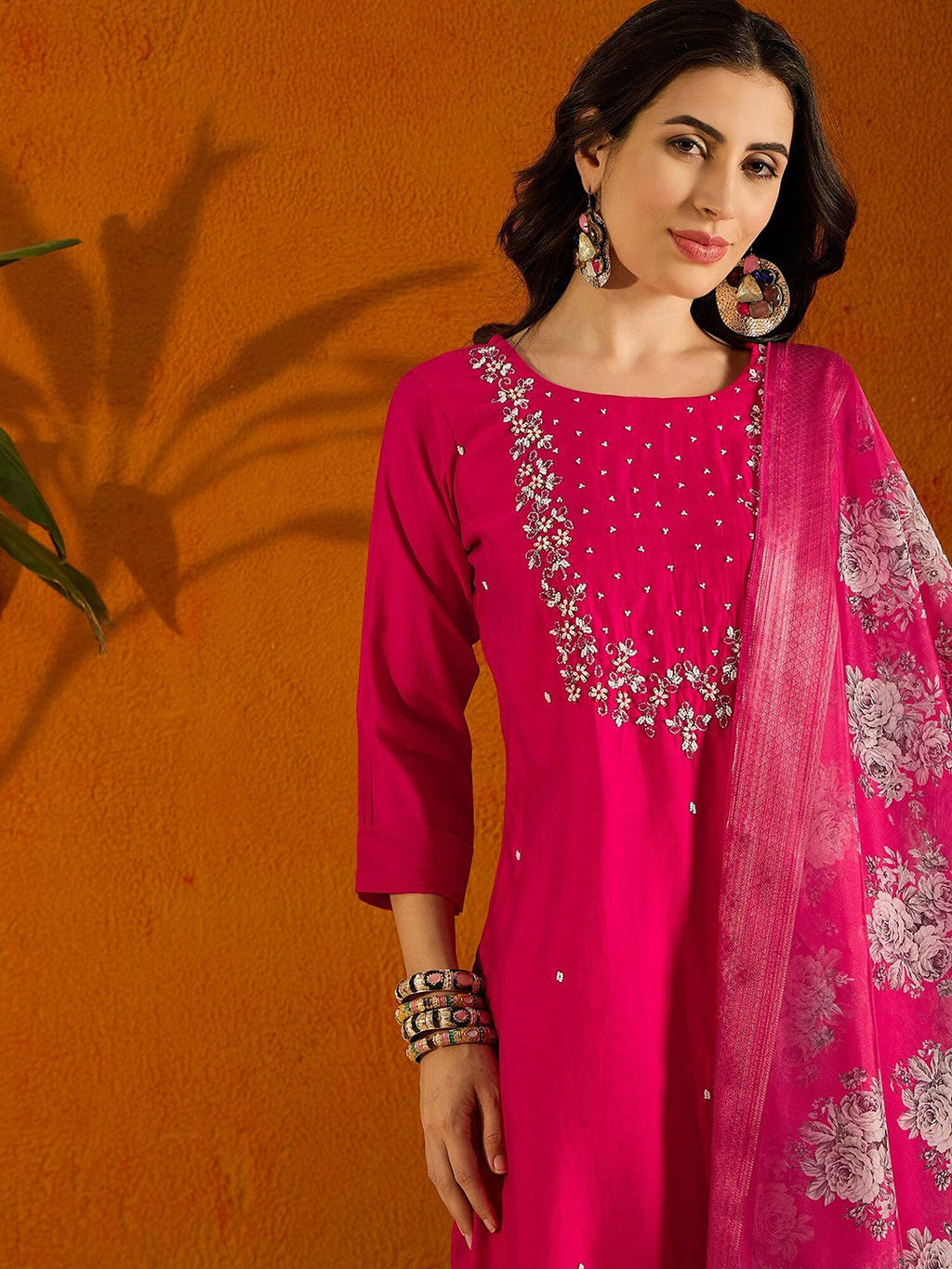 Teeya Creation Pink Color Viscose Chanderi Embroidery Work Fully Stitched Kurti Set | Grocsy