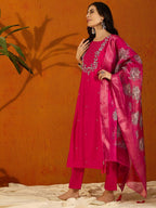 Teeya Creation Pink Color Viscose Chanderi Embroidery Work Fully Stitched Kurti Set | Grocsy