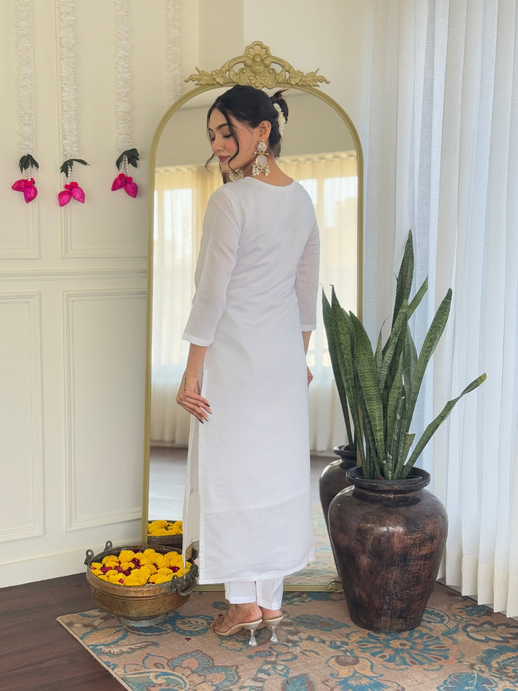 Teeya Creation White Color Viscose Chanderi Embroidery Work Fully Stitched Kurti Set | Grocsy
