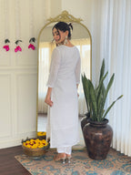 Teeya Creation White Color Viscose Chanderi Embroidery Work Fully Stitched Kurti Set | Grocsy