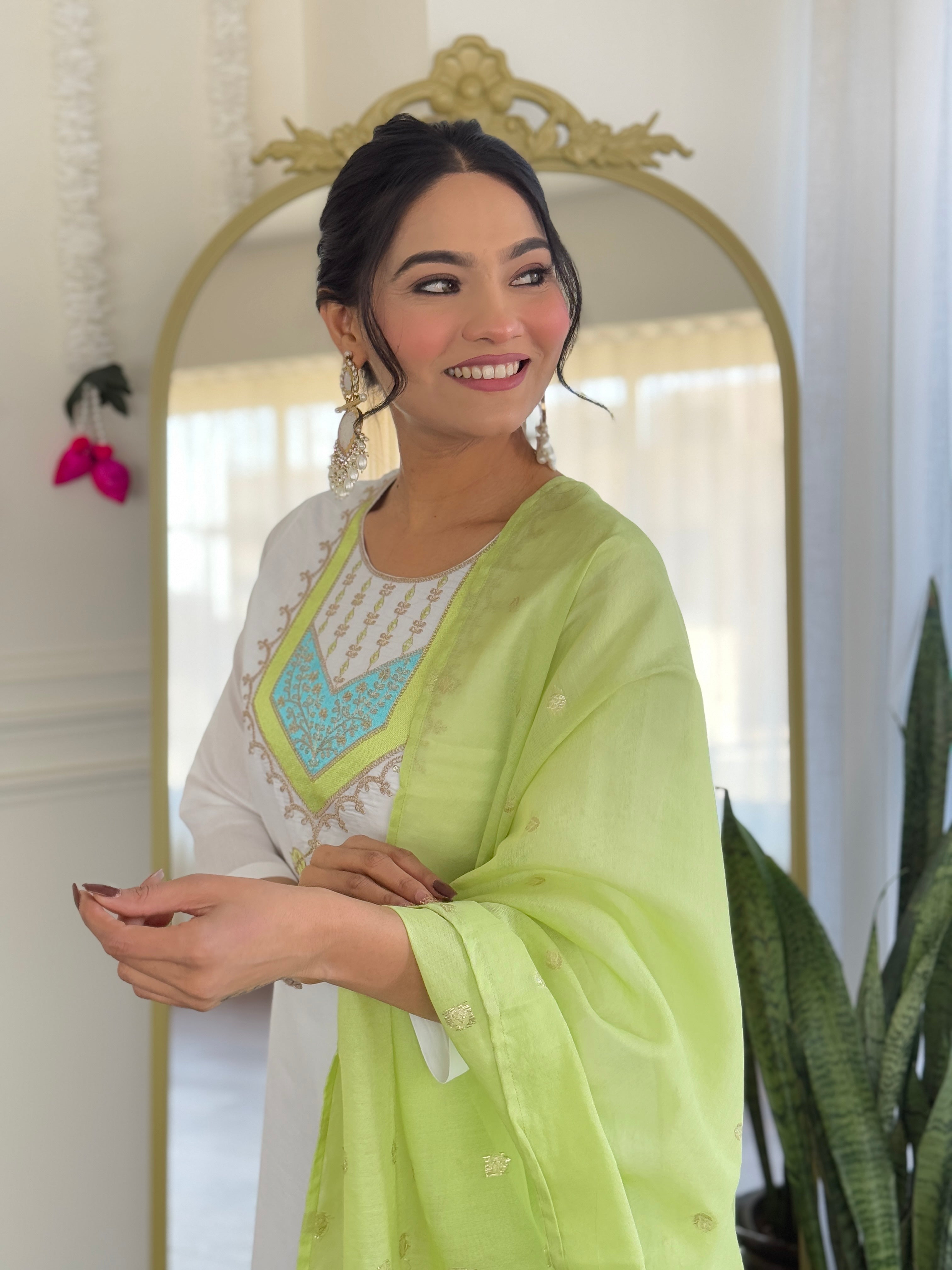 Teeya Creation White Color Viscose Chanderi Embroidery Work Fully Stitched Kurti Set | Grocsy