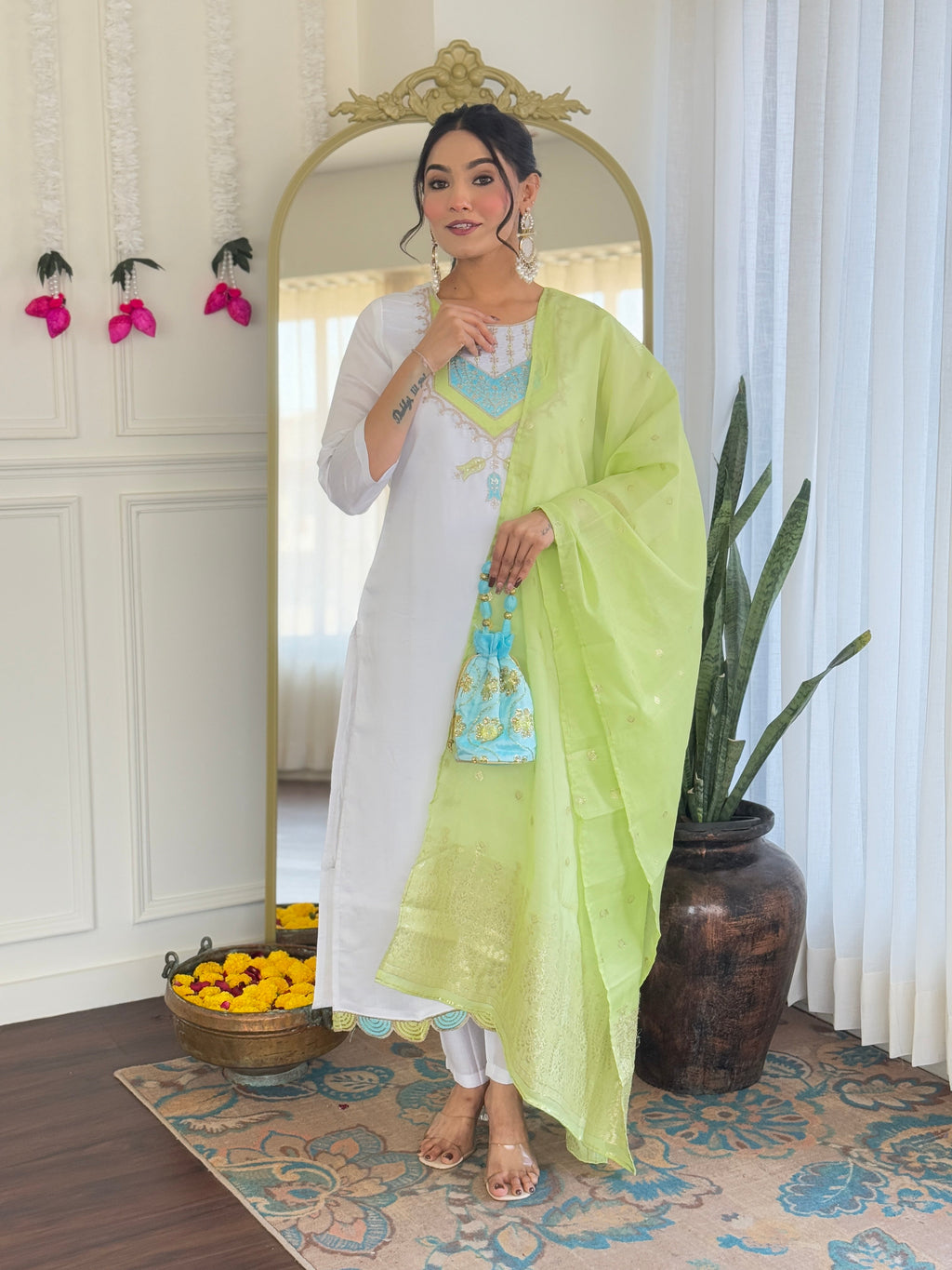 Teeya Creation White Color Viscose Chanderi Embroidery Work Fully Stitched Kurti Set | Grocsy