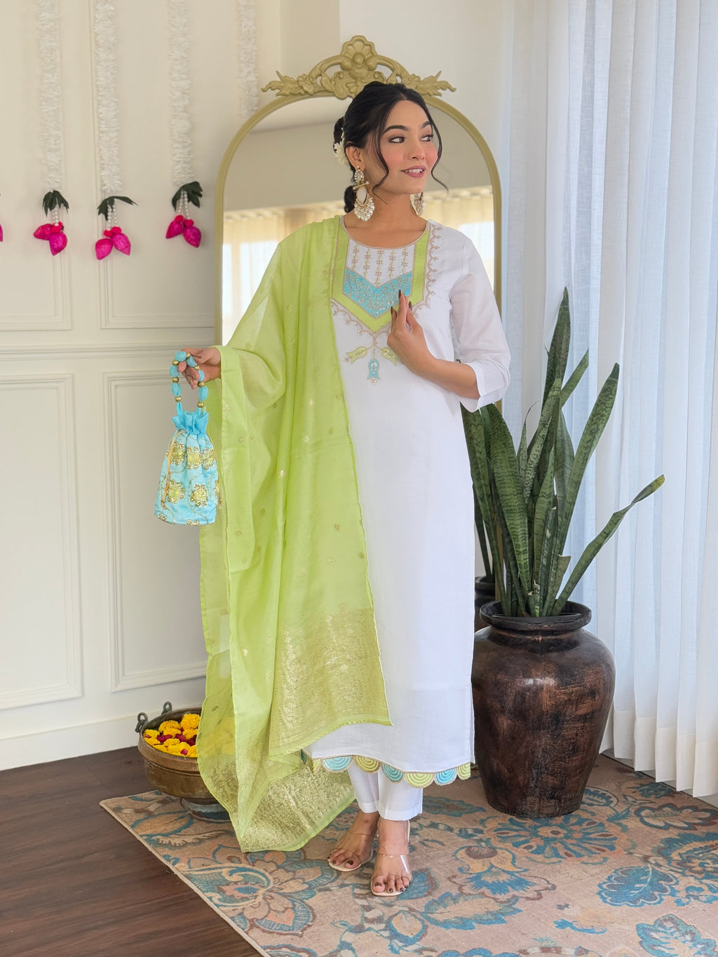 Teeya Creation White Color Viscose Chanderi Embroidery Work Fully Stitched Kurti Set | Grocsy