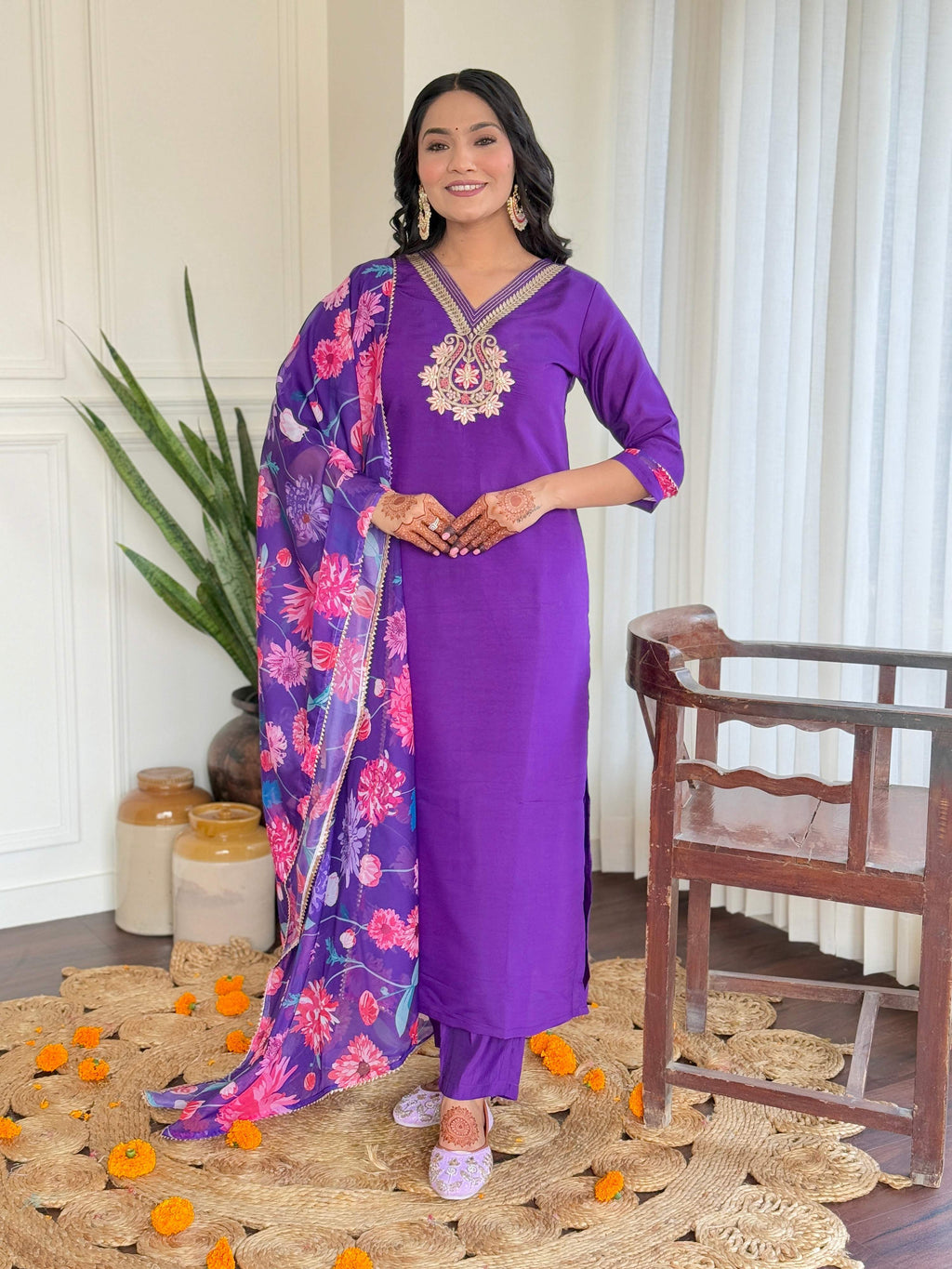 Teeya Creation Purple Color Viscose Chanderi Embroidery Work Fully Stitched Kurti Set | Grocsy
