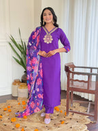 Teeya Creation Purple Color Viscose Chanderi Embroidery Work Fully Stitched Kurti Set | Grocsy