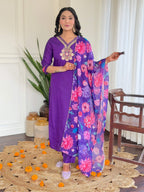 Teeya Creation Purple Color Viscose Chanderi Embroidery Work Fully Stitched Kurti Set | Grocsy