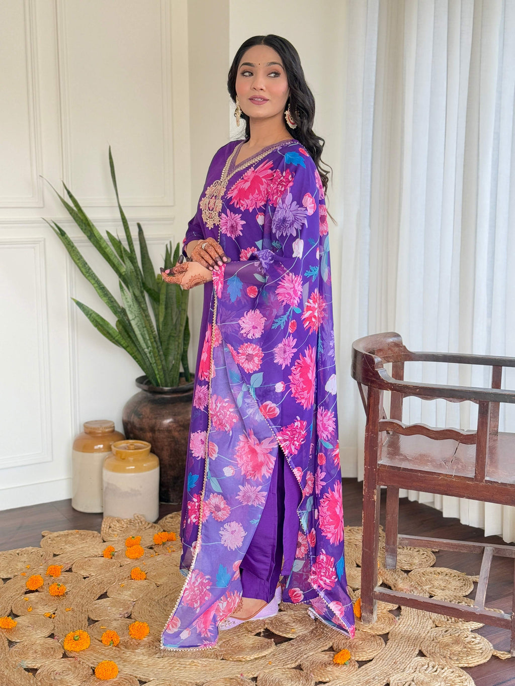 Teeya Creation Purple Color Viscose Chanderi Embroidery Work Fully Stitched Kurti Set | Grocsy
