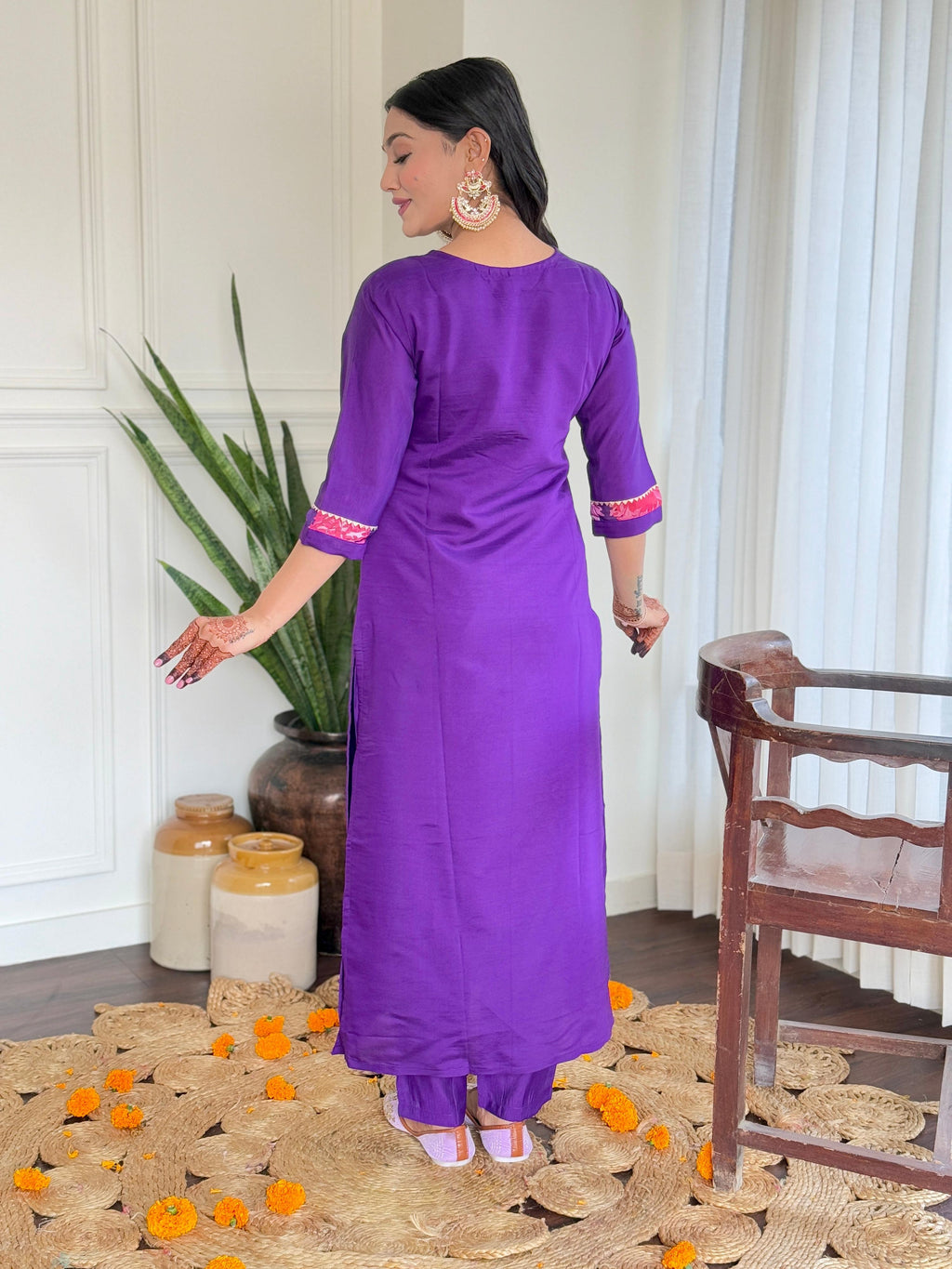 Teeya Creation Purple Color Viscose Chanderi Embroidery Work Fully Stitched Kurti Set | Grocsy