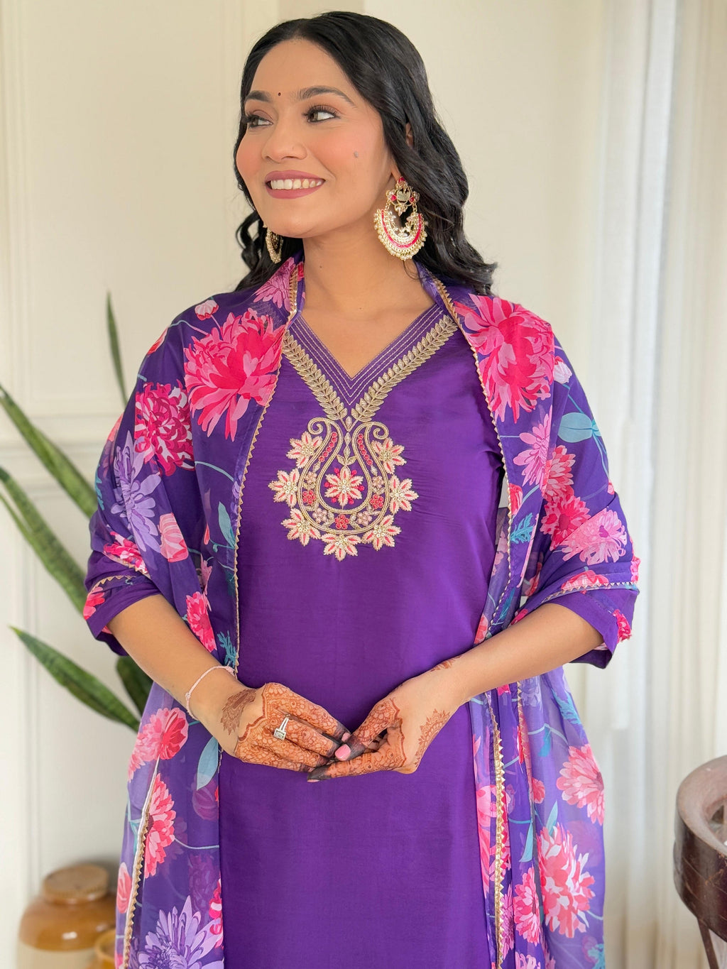 Teeya Creation Purple Color Viscose Chanderi Embroidery Work Fully Stitched Kurti Set | Grocsy