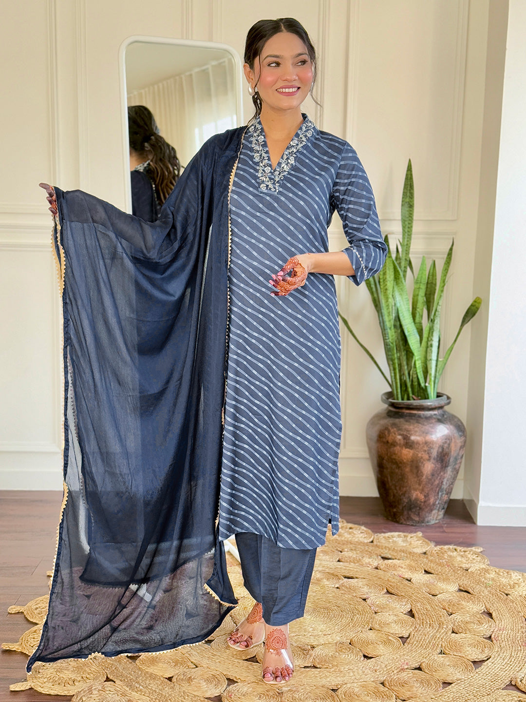 Teeya Creation Grey Color MUSLIN Embroidery Work Fully Stitched Kurti Set | Grocsy