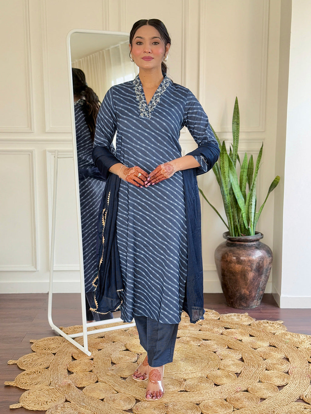 Teeya Creation Grey Color MUSLIN Embroidery Work Fully Stitched Kurti Set | Grocsy
