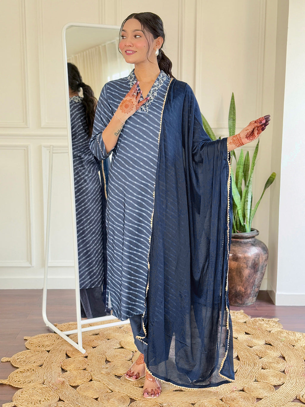 Teeya Creation Grey Color MUSLIN Embroidery Work Fully Stitched Kurti Set | Grocsy