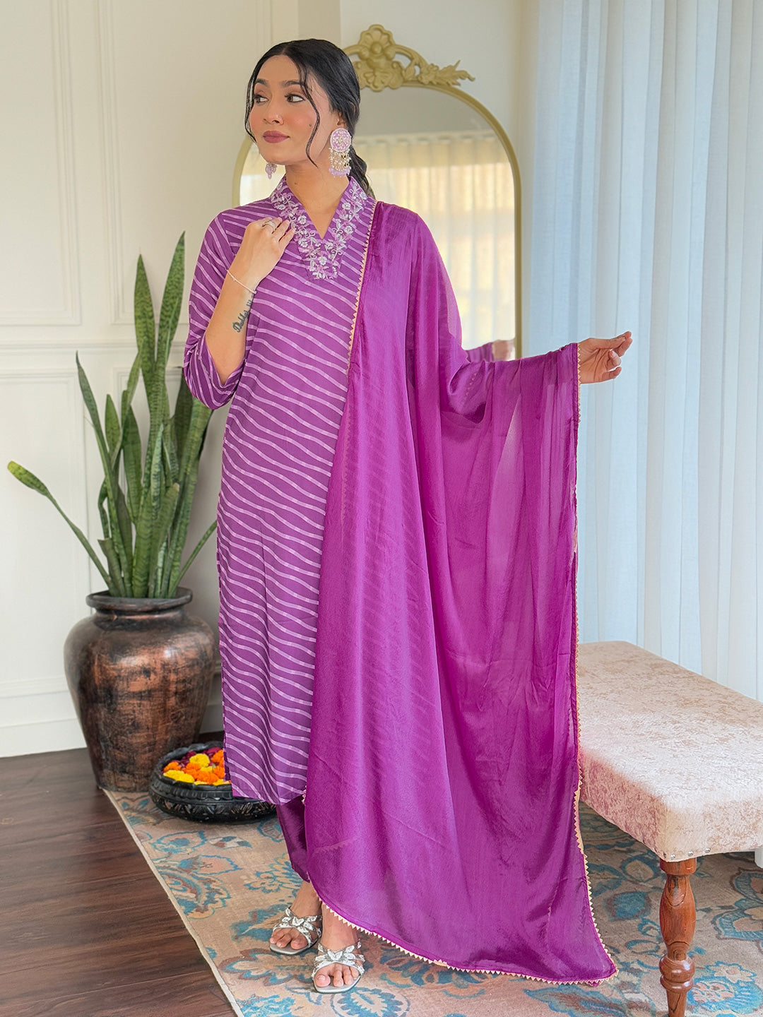 Teeya Creation Purple Color MUSLIN Embroidery Work Fully Stitched Kurti Set | Grocsy