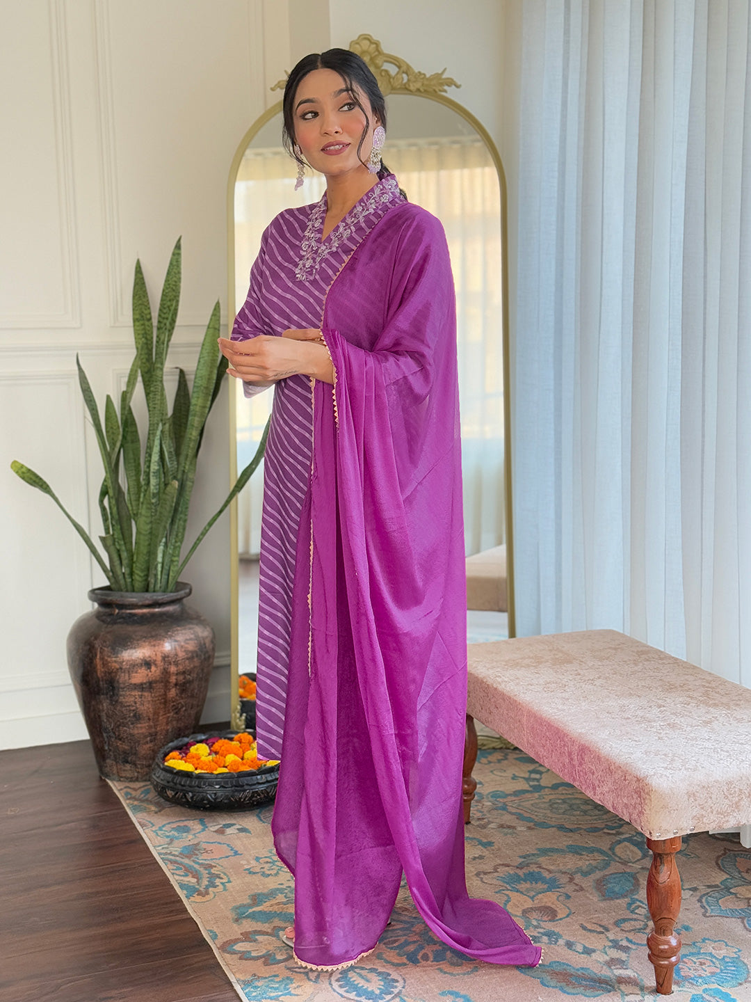 Teeya Creation Purple Color MUSLIN Embroidery Work Fully Stitched Kurti Set | Grocsy