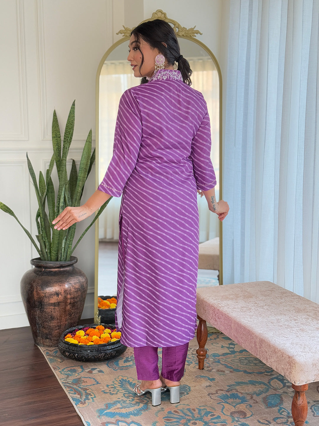 Teeya Creation Purple Color MUSLIN Embroidery Work Fully Stitched Kurti Set | Grocsy