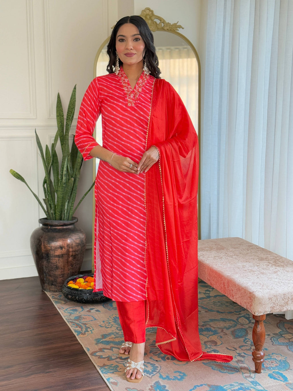 Teeya Creation Red Color MUSLIN Embroidery Work Fully Stitched Kurti Set | Grocsy