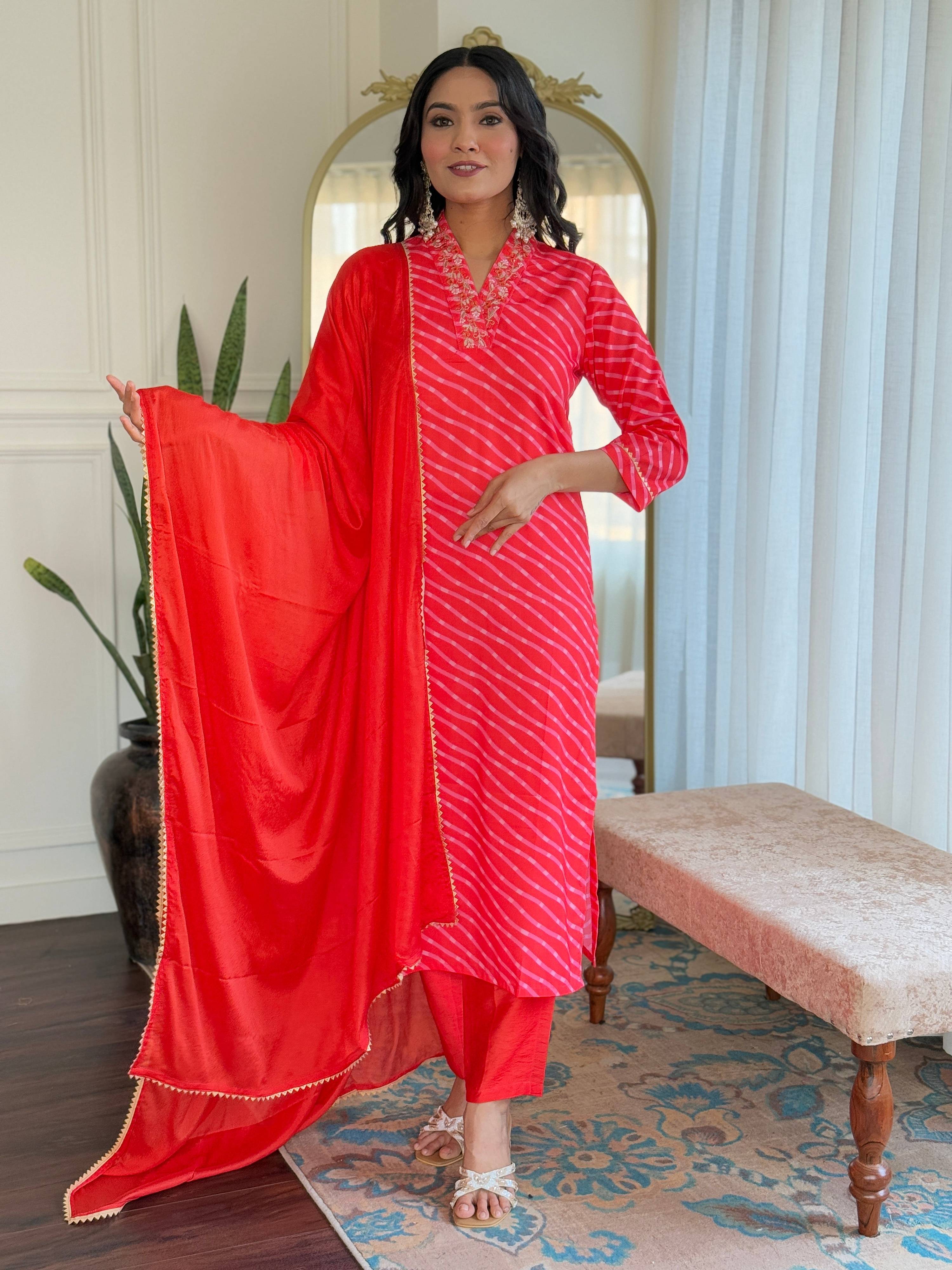 Teeya Creation Red Color MUSLIN Embroidery Work Fully Stitched Kurti Set | Grocsy