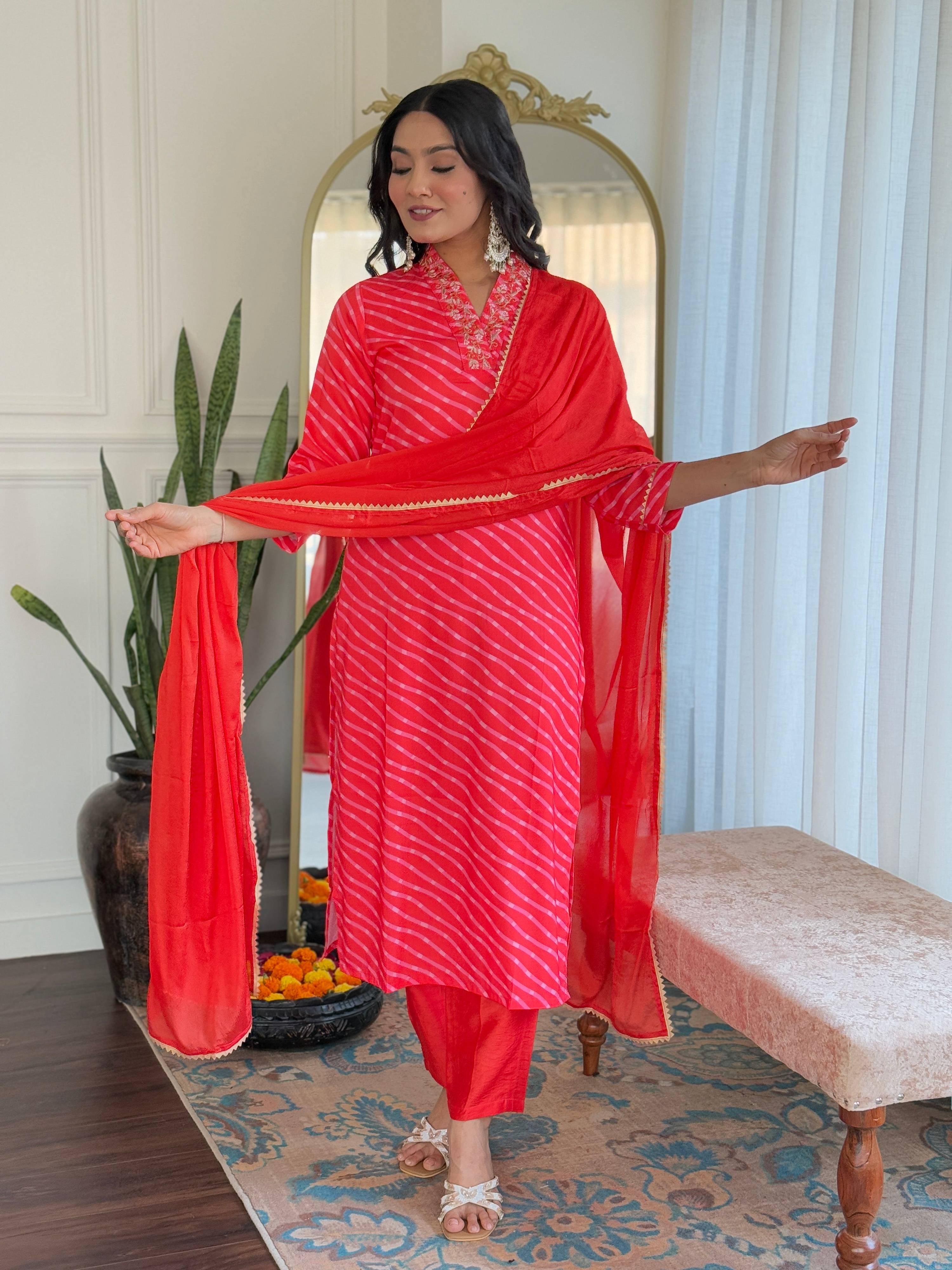 Teeya Creation Red Color MUSLIN Embroidery Work Fully Stitched Kurti Set | Grocsy
