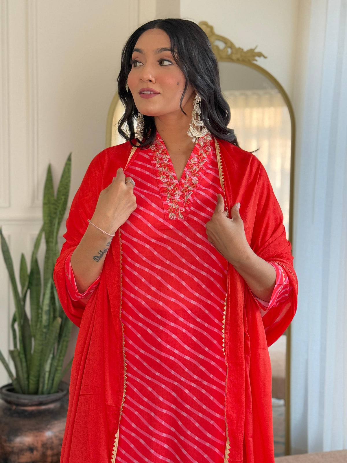 Teeya Creation Red Color MUSLIN Embroidery Work Fully Stitched Kurti Set | Grocsy