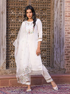 Teeya Creation White Color Viscose Chanderi Embroidery Work Fully Stitched Kurti Set | Grocsy