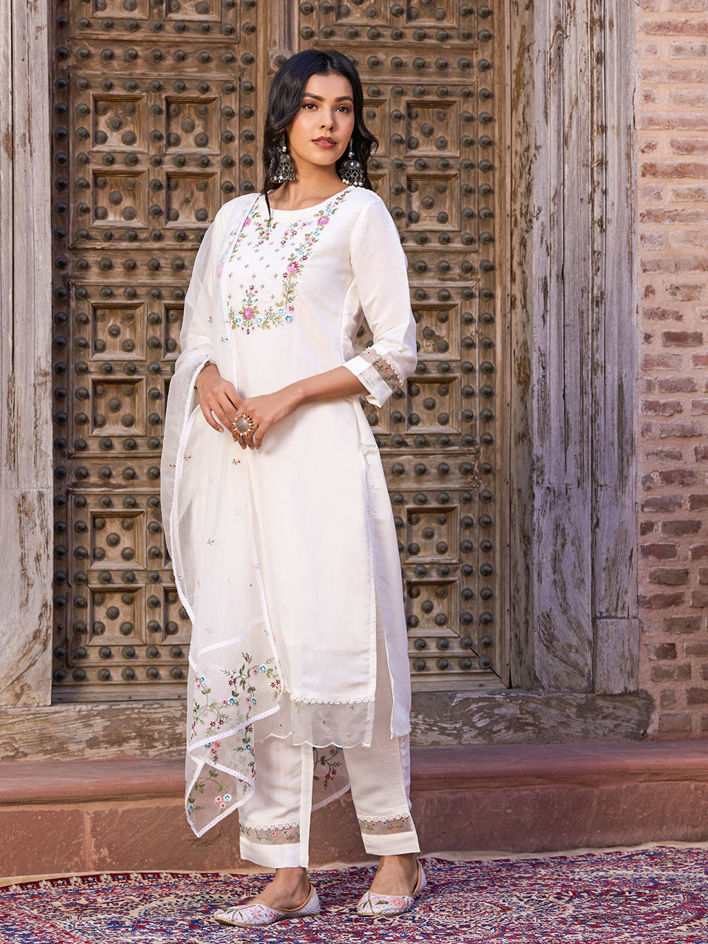 Teeya Creation White Color Viscose Chanderi Embroidery Work Fully Stitched Kurti Set | Grocsy