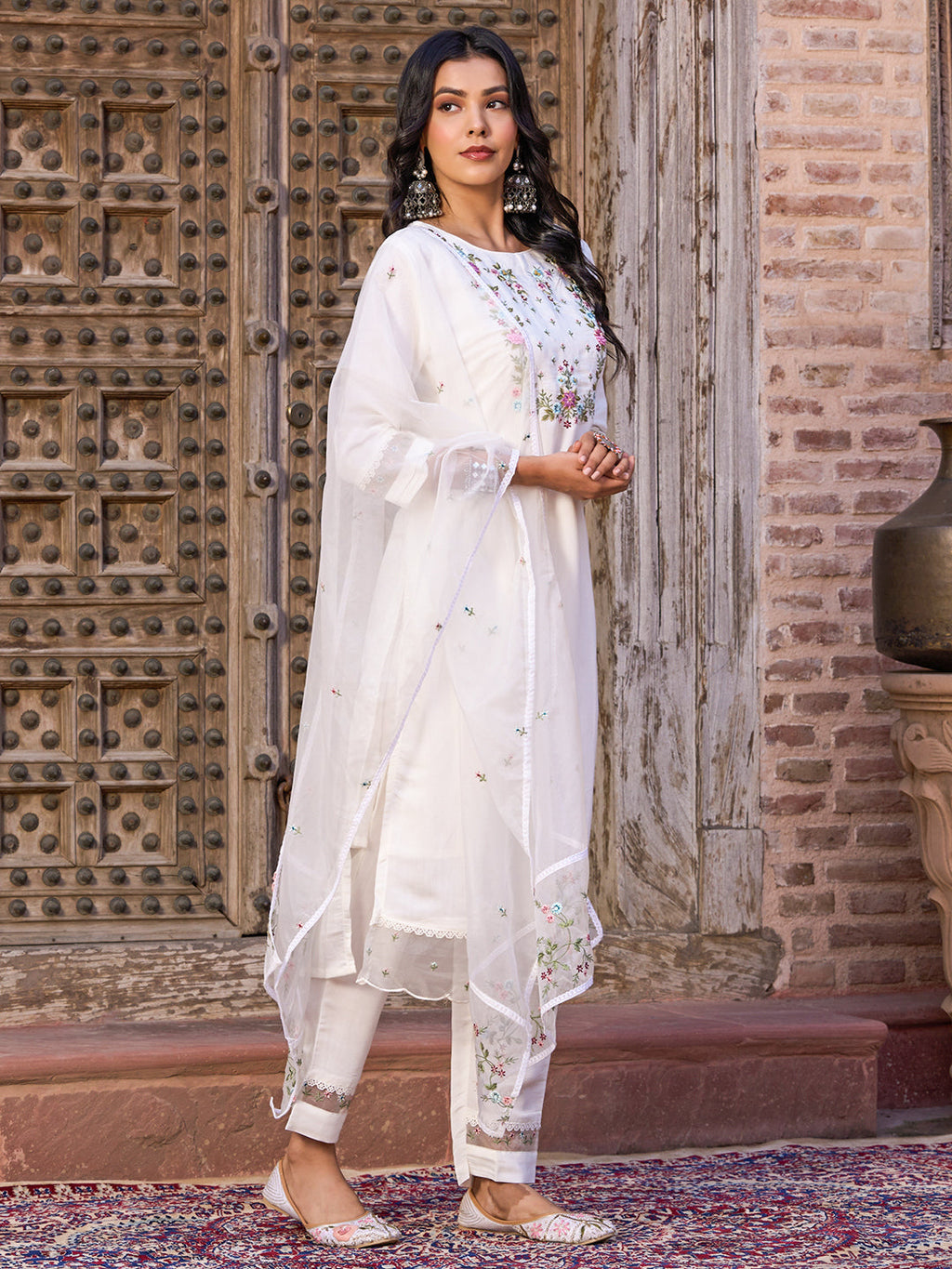 Teeya Creation White Color Viscose Chanderi Embroidery Work Fully Stitched Kurti Set | Grocsy