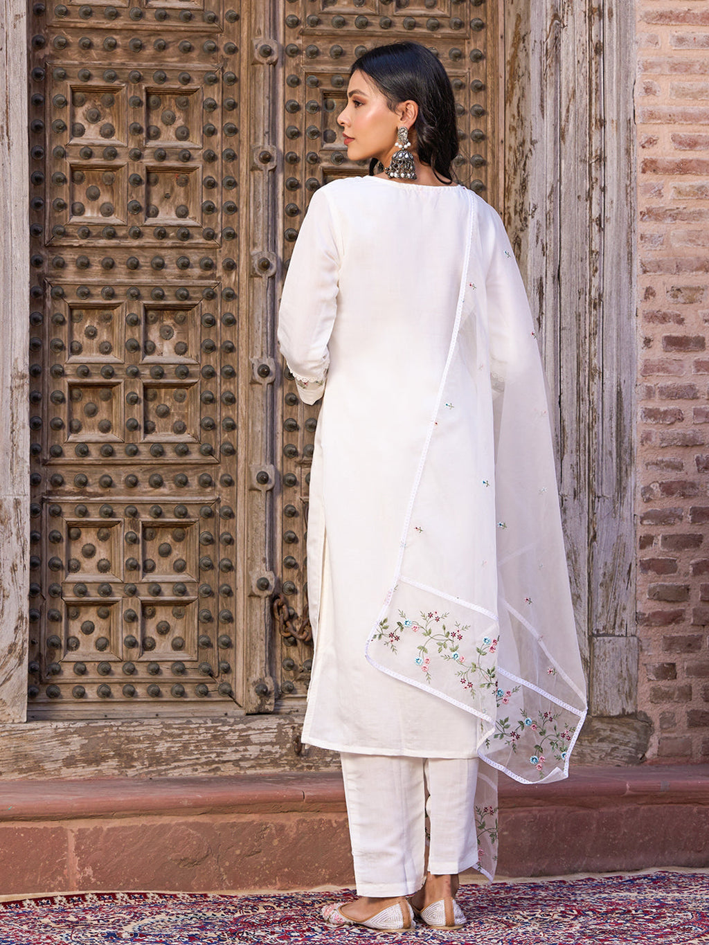 Teeya Creation White Color Viscose Chanderi Embroidery Work Fully Stitched Kurti Set | Grocsy