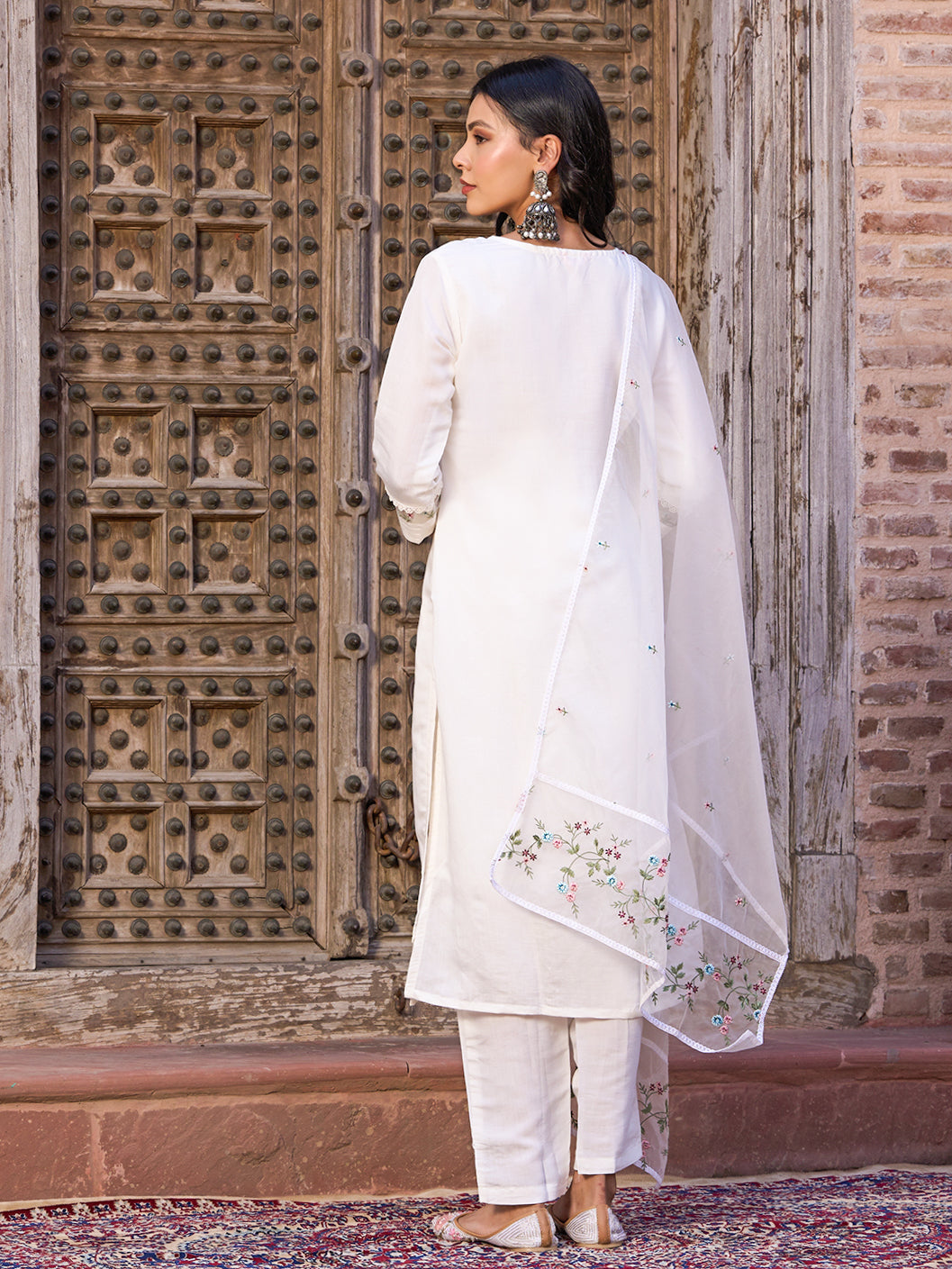 Teeya Creation White Color Viscose Chanderi Embroidery Work Fully Stitched Kurti Set | Grocsy