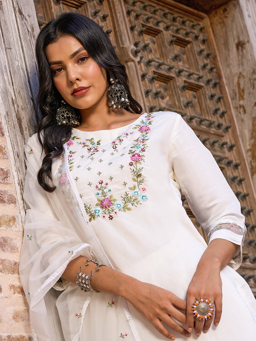 Teeya Creation White Color Viscose Chanderi Embroidery Work Fully Stitched Kurti Set | Grocsy