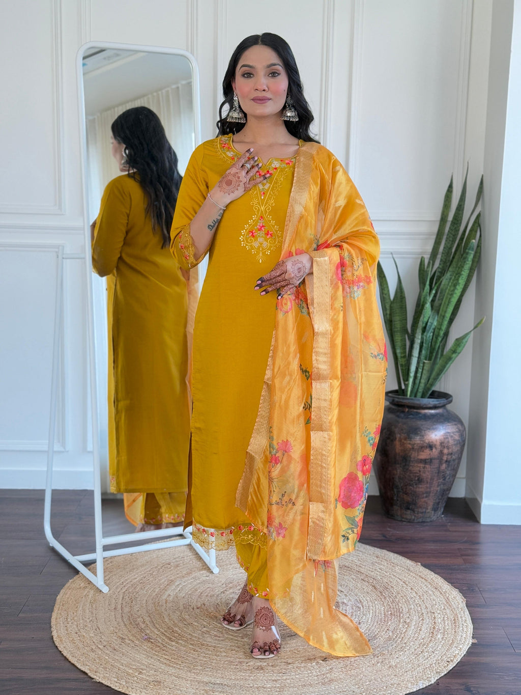 Teeya Creation Yellow Color Viscose Chanderi Embroidery Work Fully Stitched Kurti Set | Grocsy