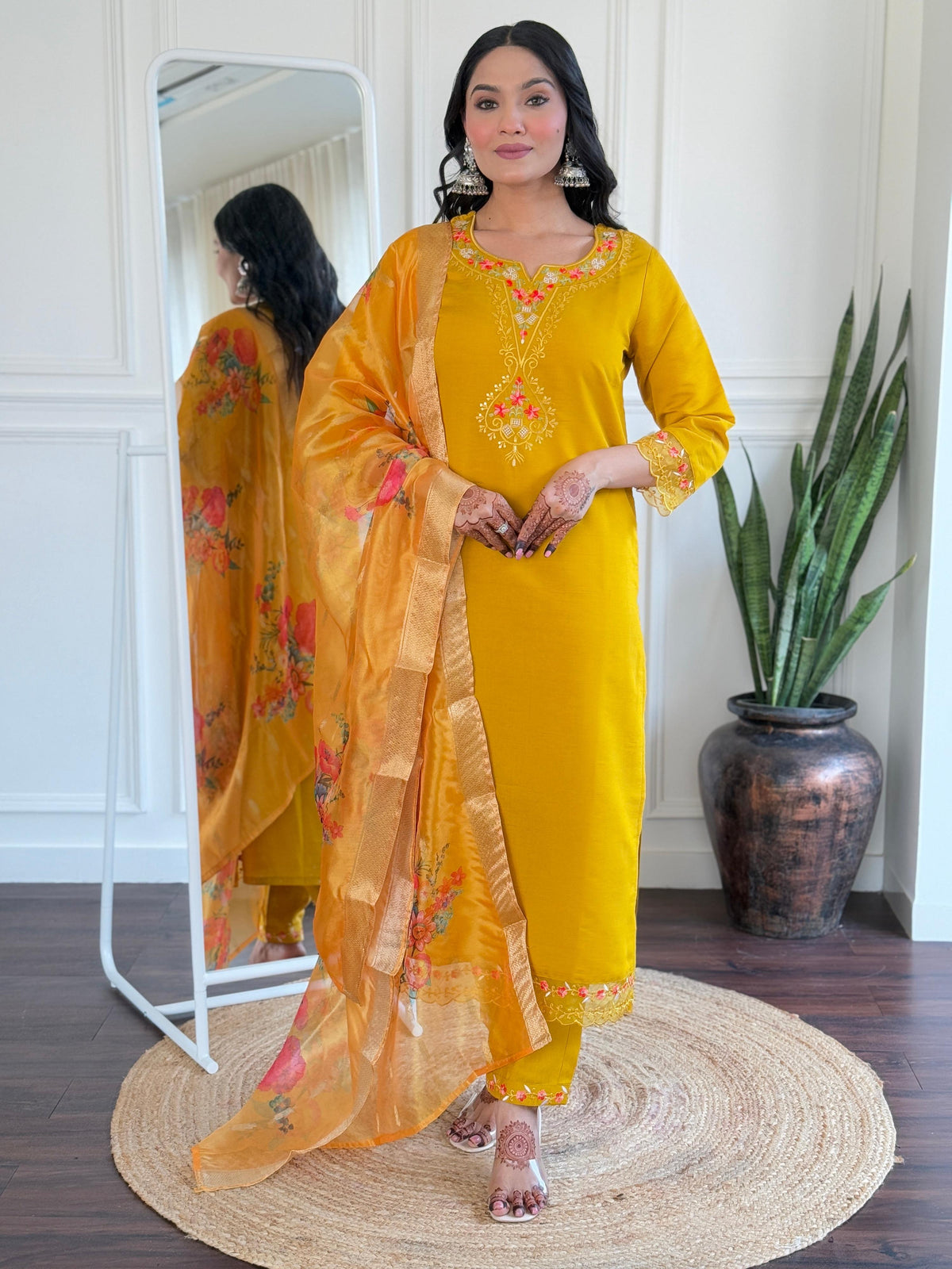 Teeya Creation Yellow Color Viscose Chanderi Embroidery Work Fully Stitched Kurti Set | Grocsy
