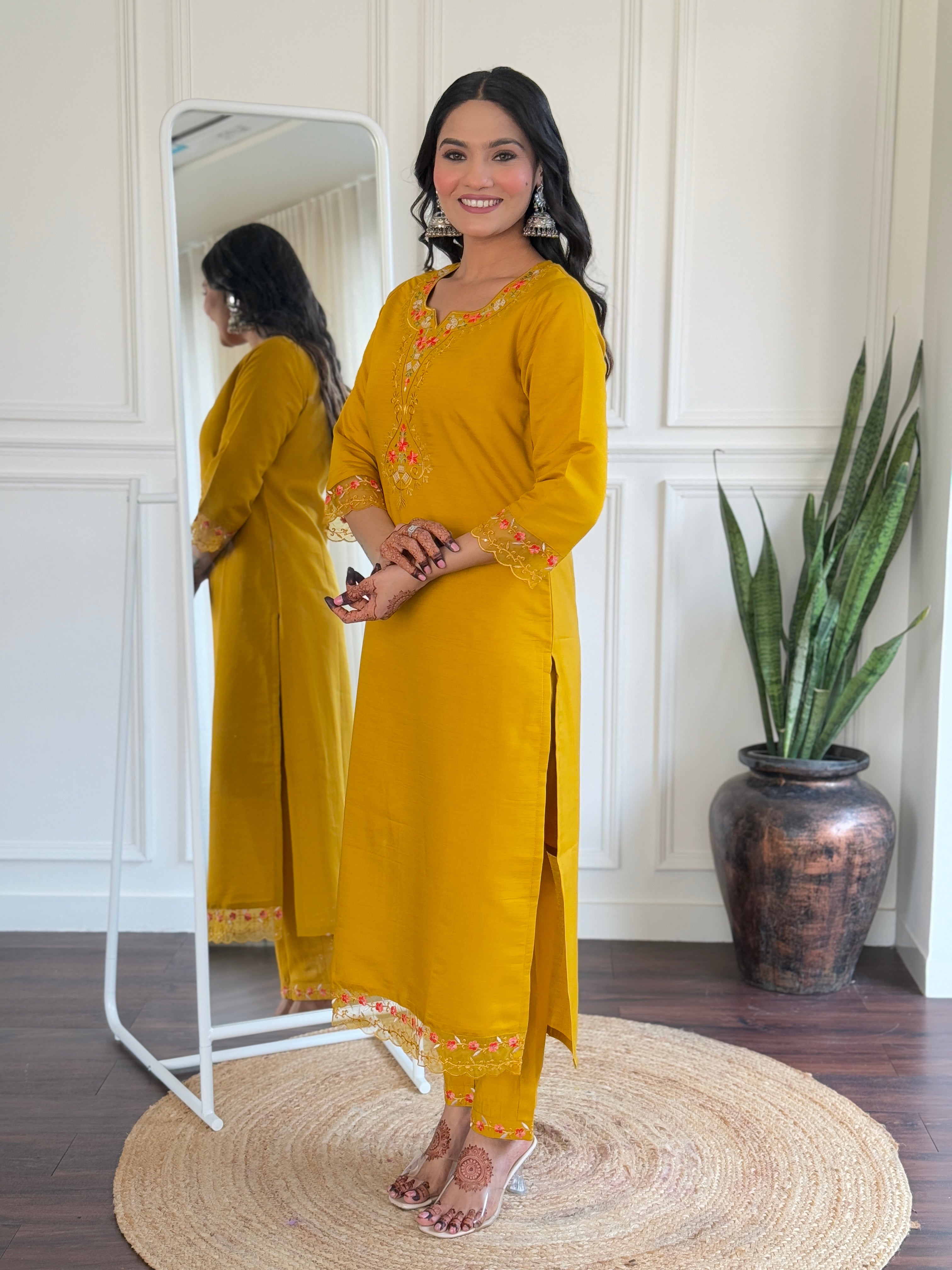 Teeya Creation Yellow Color Viscose Chanderi Embroidery Work Fully Stitched Kurti Set | Grocsy