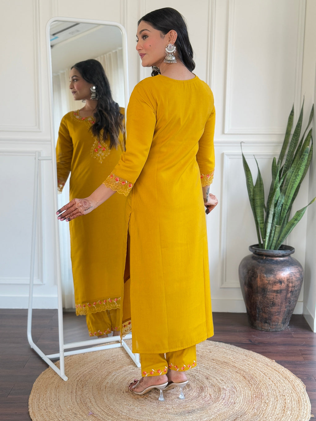 Teeya Creation Yellow Color Viscose Chanderi Embroidery Work Fully Stitched Kurti Set | Grocsy