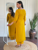 Teeya Creation Yellow Color Viscose Chanderi Embroidery Work Fully Stitched Kurti Set | Grocsy