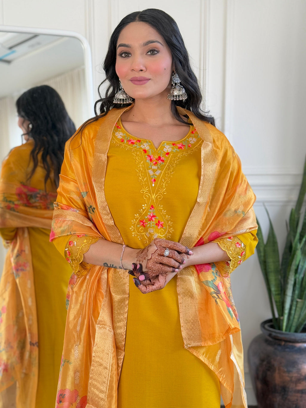 Teeya Creation Yellow Color Viscose Chanderi Embroidery Work Fully Stitched Kurti Set | Grocsy