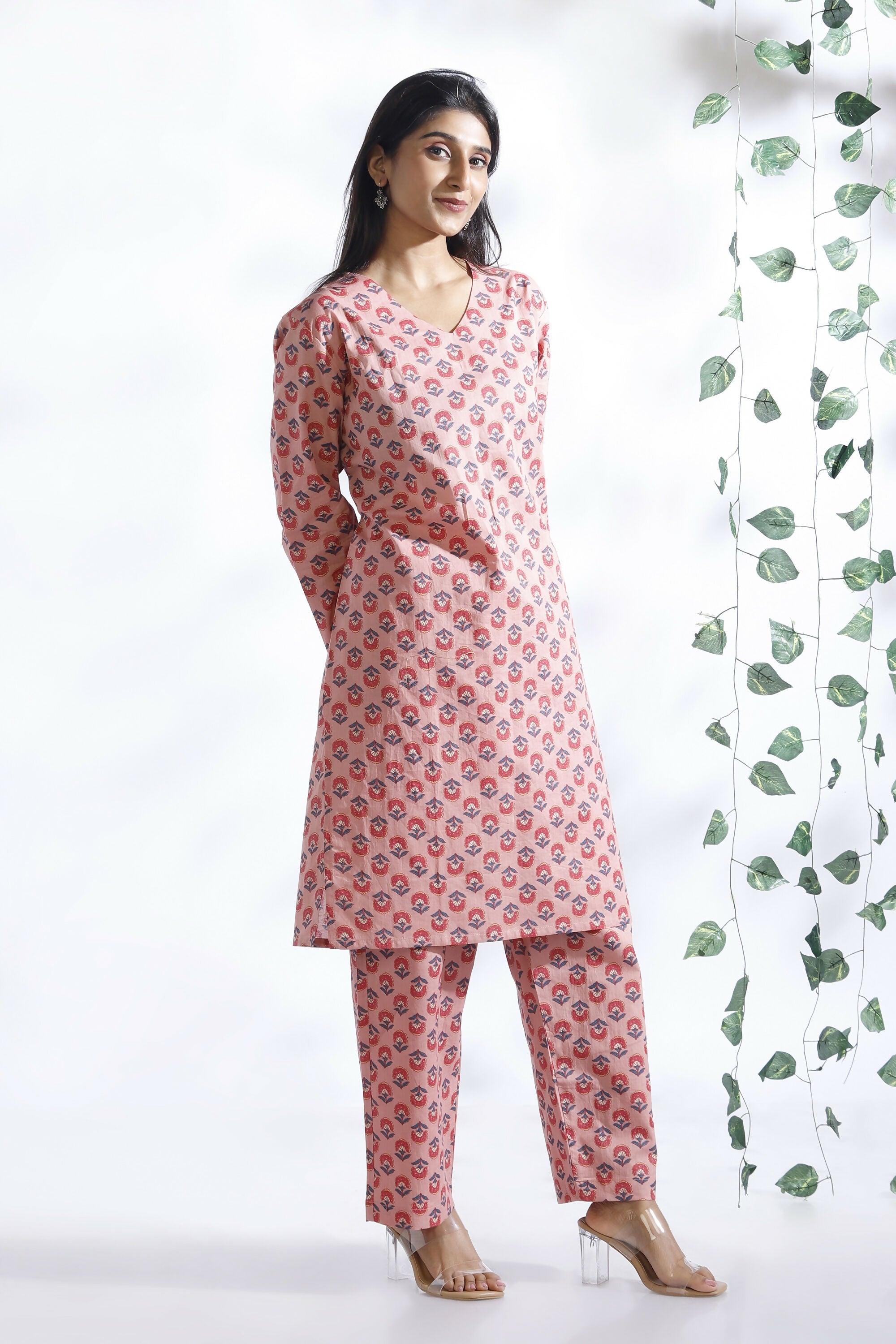 Breathables Women’S Loungewear Long Kurta Co-Ord Set Cotton Pink Indian Motif Butta Print | Grocsy