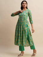 Sea Green Pure Cotton Bandhani Printed Naira Cut Kurta And Bottom With Dupatta - Akashara | Grocsy