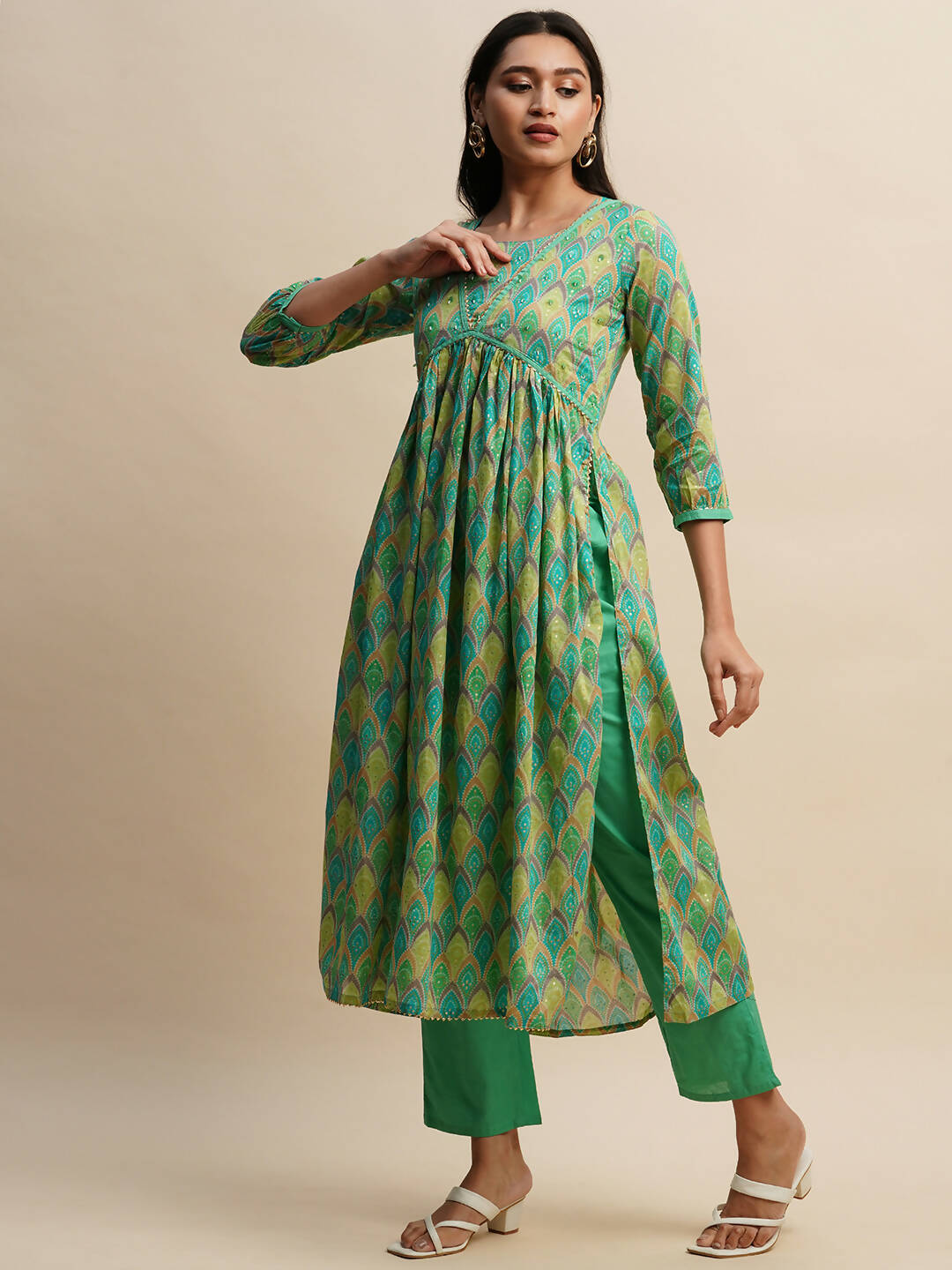 Sea Green Pure Cotton Bandhani Printed Naira Cut Kurta And Bottom With Dupatta - Akashara | Grocsy