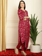 Jyoti Fashion Women's Red Pashmina Floral Digital Printed Kurta with Trouser & Dupatta | Grocsy
