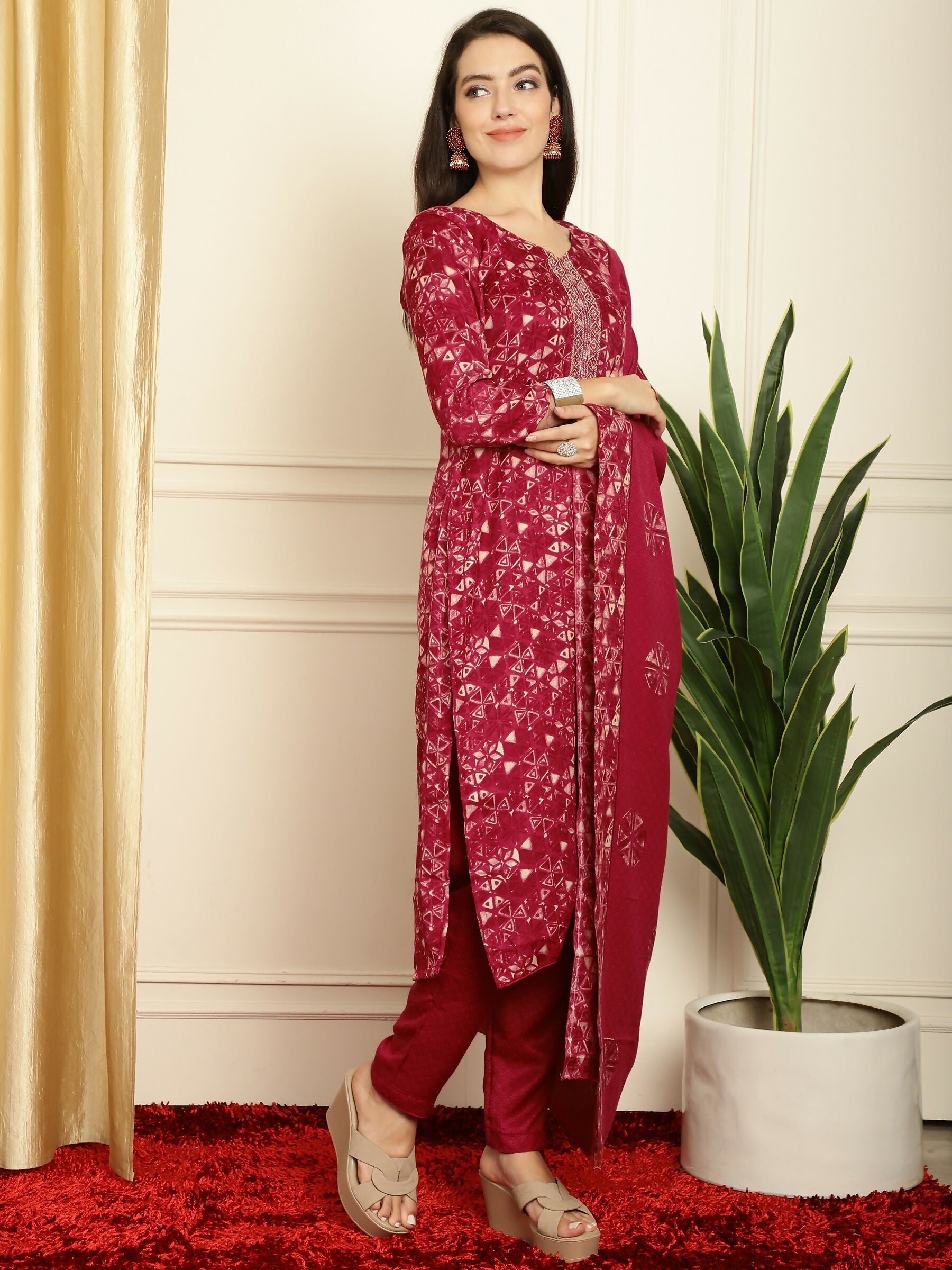 Jyoti Fashion Women's Red Pashmina Floral Digital Printed Kurta with Trouser & Dupatta | Grocsy