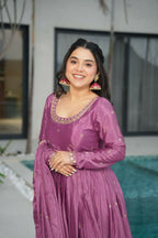 Vastranavya Lavender Chinnon with Embroidery Zari Sequins Work Gown | Grocsy