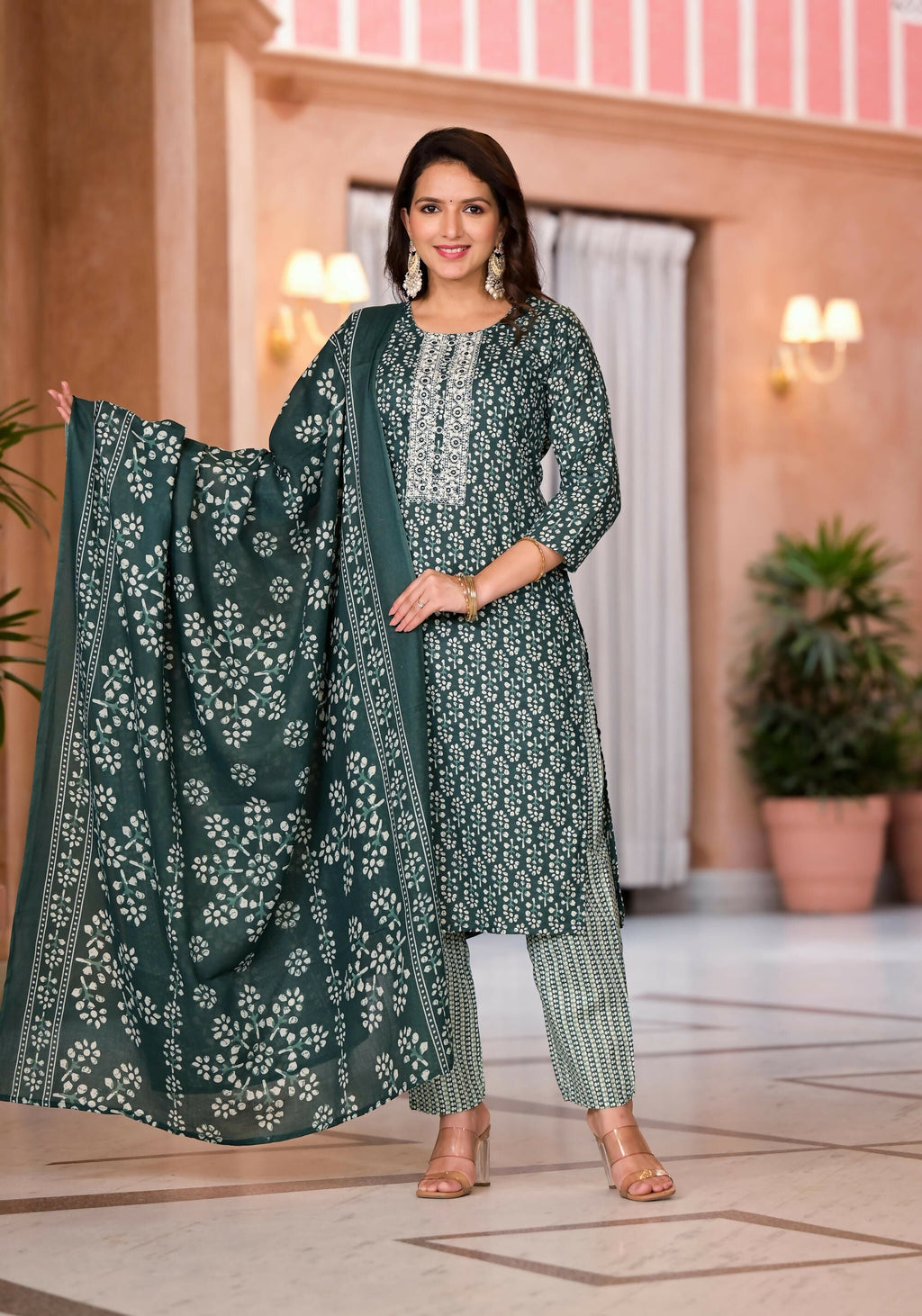 Juniper Women's Green Floral Printed Cotton Kurta Set With Thread & Mirror Work | Grocsy