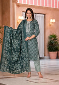Juniper Women's Green Floral Printed Cotton Kurta Set With Thread & Mirror Work | Grocsy