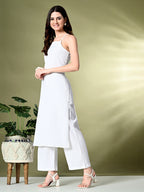 Myshka Women's Self Design Shoulder Straps Kurta & Palazzos Sets in White Color | Grocsy