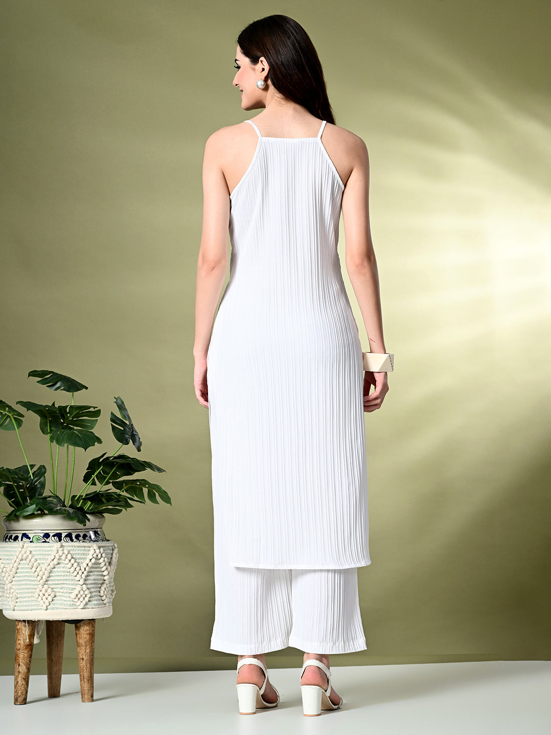 Myshka Women's Self Design Shoulder Straps Kurta & Palazzos Sets in White Color | Grocsy