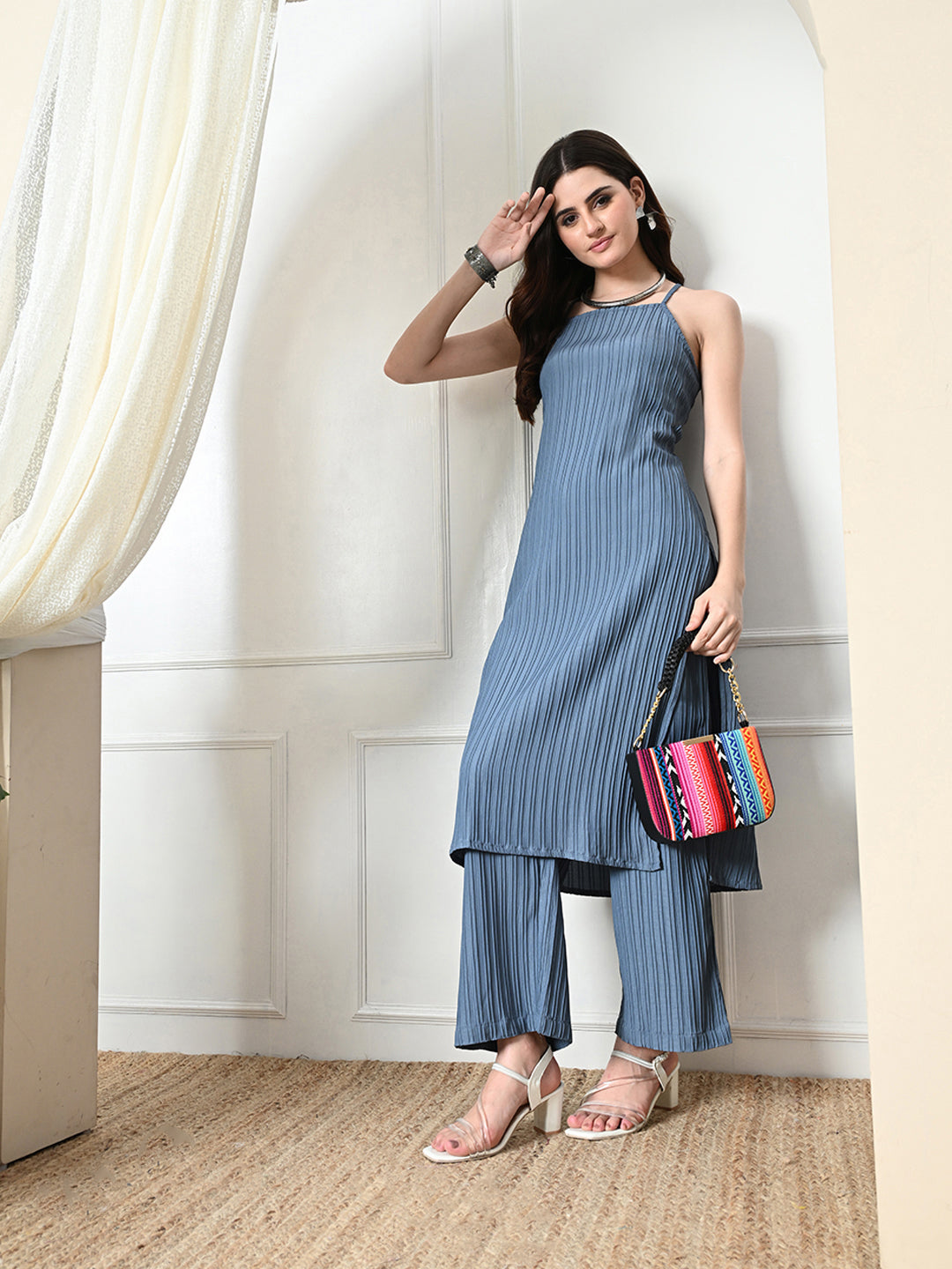 Myshka Women's Self Design Shoulder Straps Kurta & Palazzos Sets in Grey Color | Grocsy