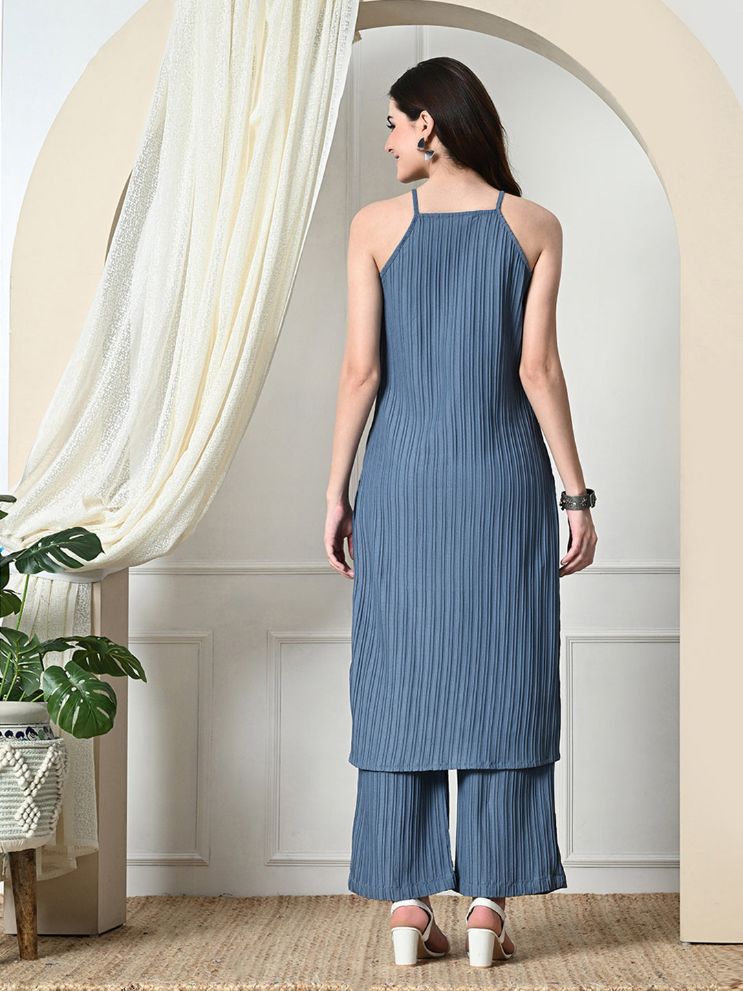 Myshka Women's Self Design Shoulder Straps Kurta & Palazzos Sets in Grey Color | Grocsy